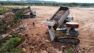Part.63| Best Job Of Komatsu Bulldozer Push Stone To Filling Up Land With Dump Trucks Operated