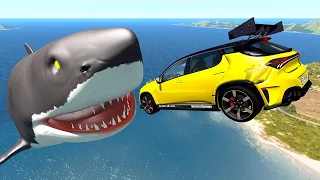 Cars Jumping into Mouth of Giant Shark (Megalodon) #2 – BeamNG.Drive #shorts #beamng