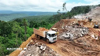 95% Great Engineering Update! High Mountain Road Construction Excavator Digging Stone Truck Dumping