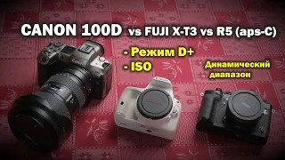 Режим D+, динамический диапазон и ISO у Canon 100D vs R5 vs Fujifilm