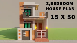 3D 3Bedroom house plan,15 by 50 makan ka naksha,kam se kam kharche ka makan