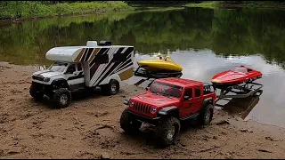 Rc boat launch,rc scale CAMPER truck DUALLY, rc car 4x4 axial jeep gladiator.