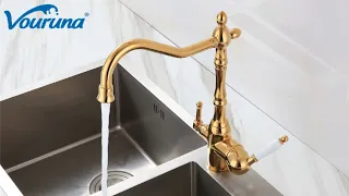 VOURUNA Victoria Golden Kitchen Faucet Tri Flow Sink Mixer RO Water 3 Way Kitchen Tap