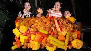 Amazing meatball mixed cook yellow noodle and eating with my family - Happy eating time