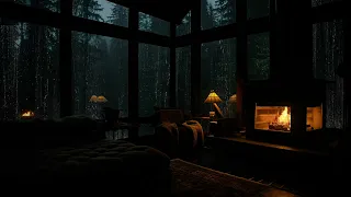 Cozy Fireplace in a Cozy Wooden Cabin with the Rain falling on window helps you to Relax & Sleep