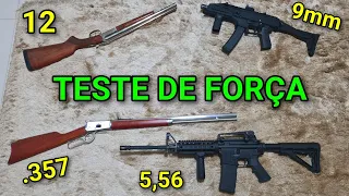 TESTE DE FORÇA - LONGAS - 357 Magnum vs 5,56 x Carabina 9mm, Calibre 12. Qual a mais Forte?