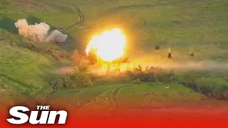 Russian tank is blown to pieces while manoeuvring away on the battlefield