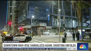 Downtown LA high-rise vandalize again, shooting unfolds