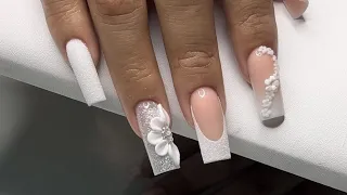 Loose Glitter French 3d Flower Acrylic Nails