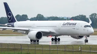 (4K) Planespotting at Munich airport - Lufthansa A350 landing, taxi and take-off