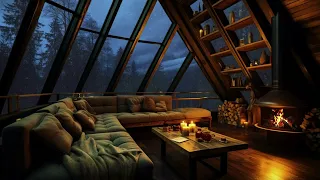Cozy Attic Ambience🌙Fall Asleep Thunder,Rain& Fireplace Sounds for Relaxation In Cozy Attic Hideout