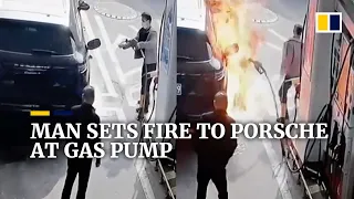 Man sets fire to Porsche at gas pump in China