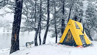 3 Days Solo Camping in Heavy Snow and Rain - Relaxing Camping in Snowfall and Rain Sound