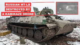 Russian MT-LB armoured personnel carrier with a ZU-23-2 autocannon destroyed with kamikaze drone