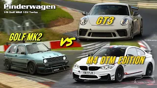Porsche 911 GT3 and BMW M4 hunted by a MK2 Golf  | Nurburgring | #pinderwagen | BTG | 【4K】