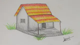 house drawing easy step by step ||village hut drawing with colour pencil sketch🛖