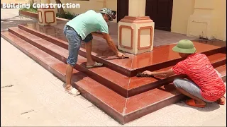 Construction Techniques And Renovation Of The Most Beautiful And Modern Red Stone Porch Steps