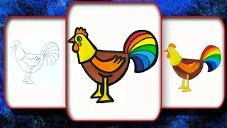Easy Rooster Drawing l How to draw a Rainbow Rooster l Step by Step @3 Steps Drawing