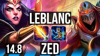 LEBLANC vs ZED (MID) | 9 solo kills, Legendary, 15/2/5, 500+ games | NA Diamond | 14.8