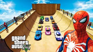 Spiderman and other Superheroes Racing Challenge ! Человек паук и Супер герои на Супер Рампе ! GTA 5