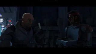 Opening  Scene Star Wars The Bad Batch Season 1 Episode 3 "Replacements" Hunter gives Food to Omege