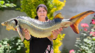 Grandma's Huge STURGEON Catch, Clean & Cooking Technique! Mouthwatering Fish Recipe!