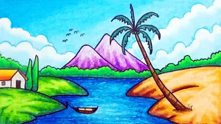 How To Draw Easy Mountain and River Scenery | Drawing Scenery With Oil Pastel