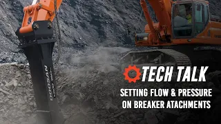 How to set flow and pressure on a hydraulic breaker attachment in a Doosan Excavator Display Panel