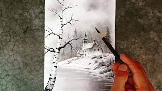 Birch tree winter landscape drawing painting with pencils step by step.