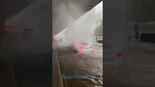 Tesla model 3 wading through deep flood water in China