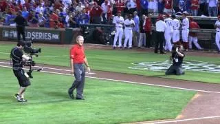 President George W. Bush throws the 1st first pitch to Nolan Ryan at 2011 Game 4 World Series