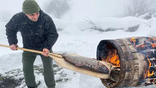 Made An Oven out of HUGE WOODEN Barrel and Baked a GIANT Carp Fish Inside!