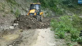 Smoothing Monsoon Rain Broken Mountain Road with JCB Backhoe