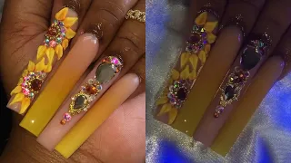 YELLOW 3D SUNFLOWER 🌻 FREESTYLE NAILS ✨ | ACRYLIC NAIL TUTORIAL