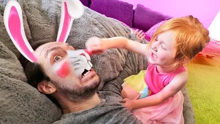 Adley and Dad BUNNY MAKEOVER!!  fun new challenges hidden in mystery eggs! DROP TEST (what’s inside)
