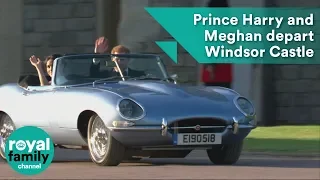 Prince Harry and Meghan Markle depart Windsor Castle in classic open-top sports car