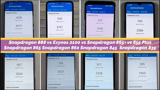 Snapdragon 860 vs 888 vs 865+ vs 855 vs 845 vs 835 Exynos 2100 Gaming Comparison/Antutu/Speed test