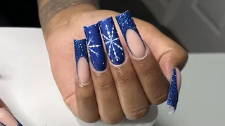 Loose Glitter French Hand Painted Snowflake Acrylic Nail