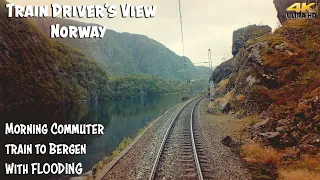 4K CABVIEW: Morning commuter train to Bergen with flooding