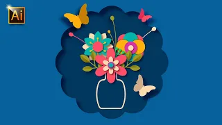 HOW TO DRAW A FLORAL COMPOSITION WITH BUTTERFLIES IN PAPER CUTOUT STYLE. ADOBE ILLUSTRATOR TUTORIAL.