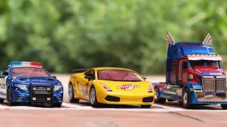 Transformers Stop motion Racing Car Optimus Prime, Barricade, Bumblebee Robots Toy Cars in real life