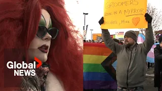 Protesters and LGBTQ activists clash at Calgary all-ages drag brunch