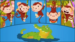 Five Little Monkeys and the Alligator | Swinging in a Tree | Five Monkeys Rhyme