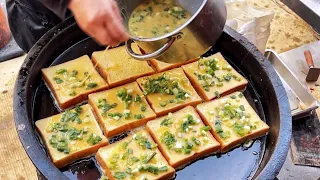 Traditional breakfast in Taiwan！Long shaped scallion pancake,French Toast,Egg pancake,Fried Buns