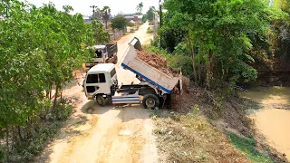 Incredible Full Video!! Processing Filling Up The Pond, Bulldozer KOMATSU D20P & 5Ton Dump Trucks