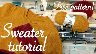 Set-in sleeve crew neck sweater | Step by step machine knitting tutorial | Free pattern, all sizes!