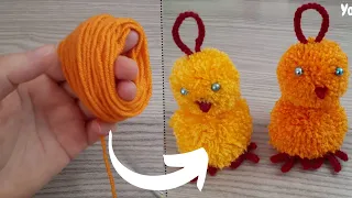 Pon pon Civciv / DIY Super Easy Pom Pom Chicken Making Idea with Fingers / How to Make Yarn Chicken