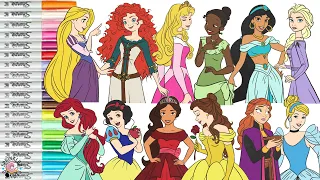 Disney Princess Coloring Book Compilation Belle Ariel Raya Elena Ana Merida Tiana Jasmine Mulan Elsa