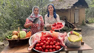 Cooking a Full Lamb and Tomatoes Under Pilaf Recipe Outdoor in the Village