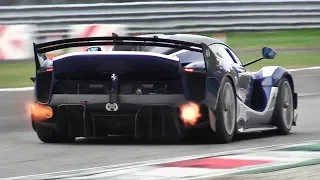 8 x Ferrari FXX K EVO Pure Sound at Monza Circuit: Accelerations, Flames & Hot Glowing Brakes!